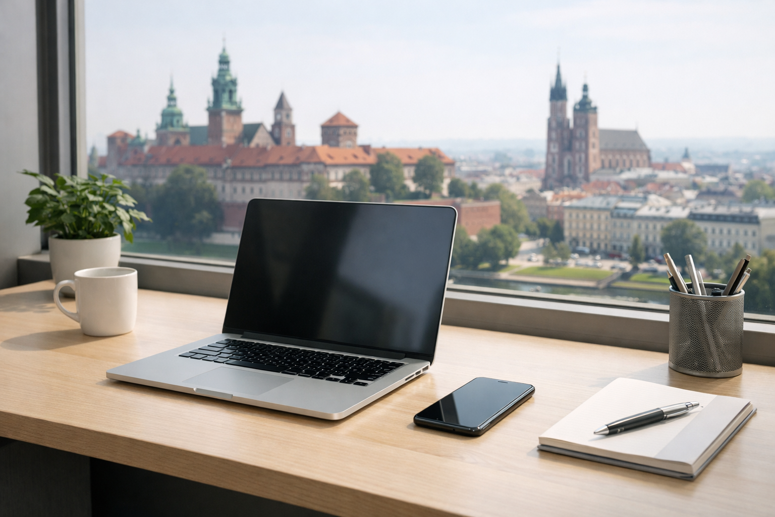 Biurko kontaktowe z panoramą Krakowa